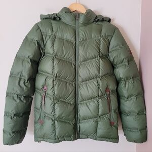 Aigle Women's Hooded Down Winter Puffer Jacket Parka Green Short Sz Medium